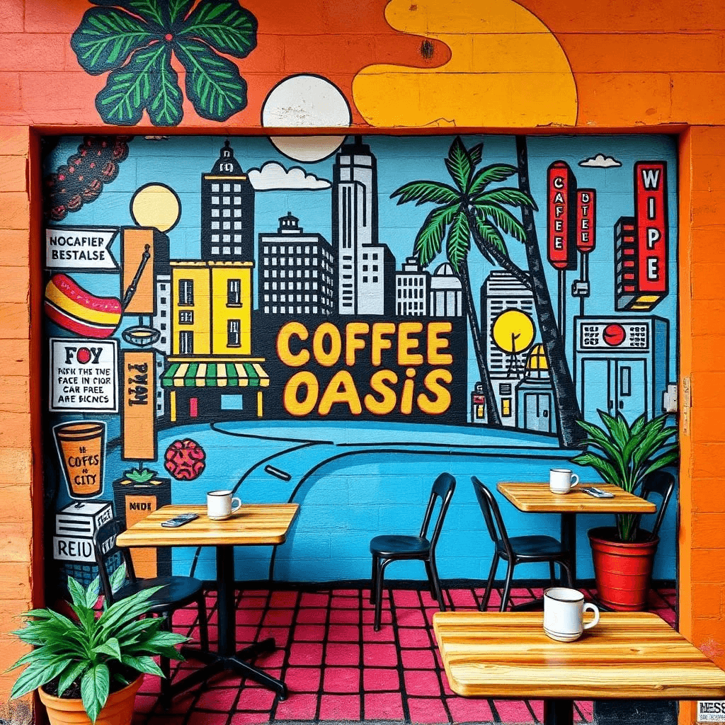 Café avec fresque urbaine vibrante et photogénique